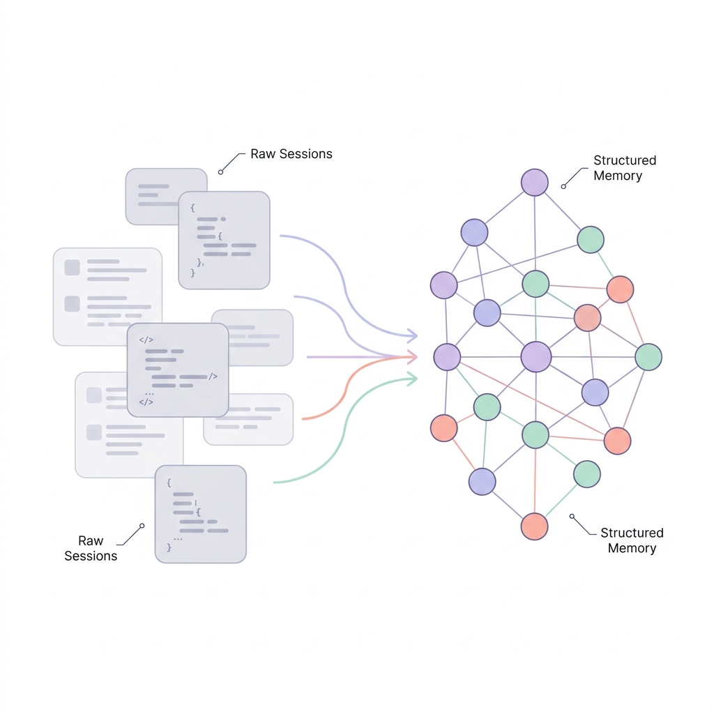 Raw sessions compound into structured memory — the thesis visual for what a long-horizon memory layer has to produce