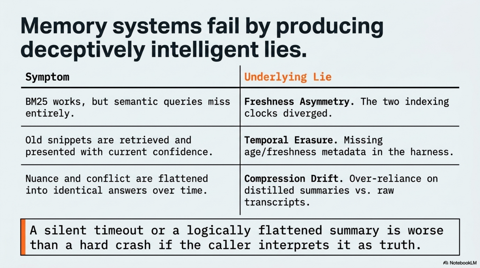 A failure taxonomy showing deceptive intelligent lies such as freshness asymmetry, temporal lies, compression drift, and misleadingly fluent failures.